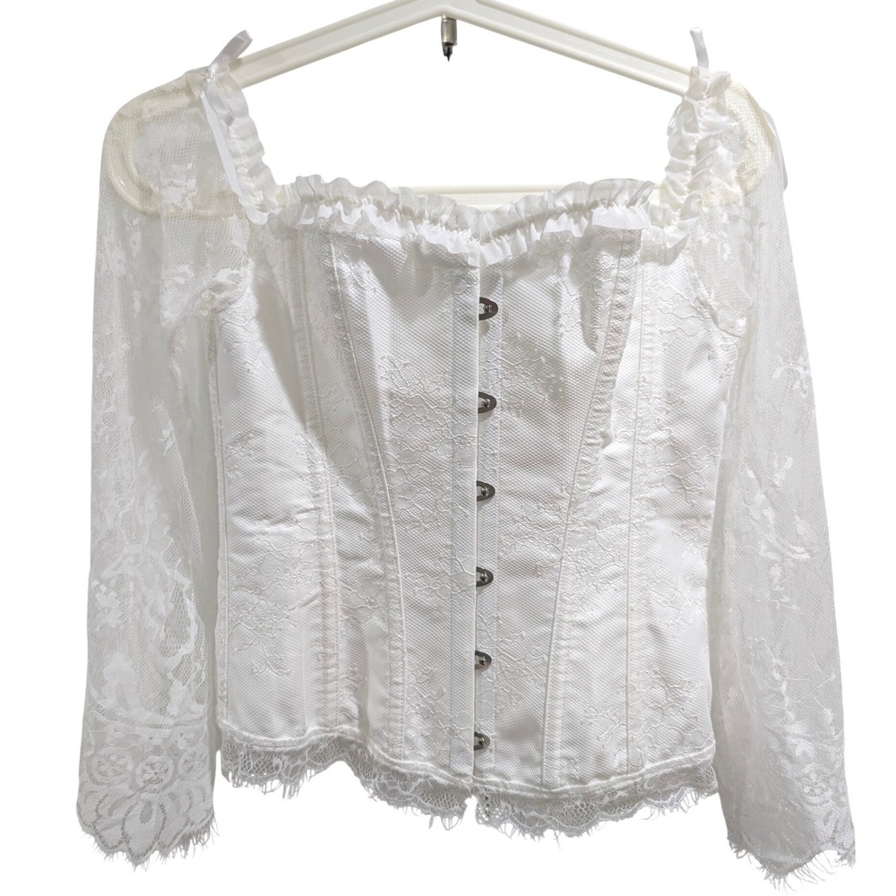 White Lace Sleeve Off Shoulder Corset Top Bustier Lace Up Back M Cosplay Fairy - Picture 8 of 11